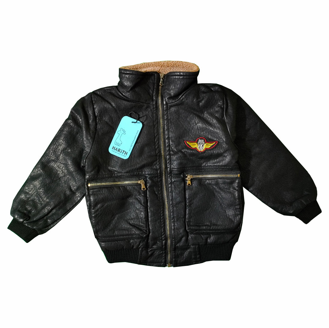 Black Fur Collar Winter Leather Jacket for kids
