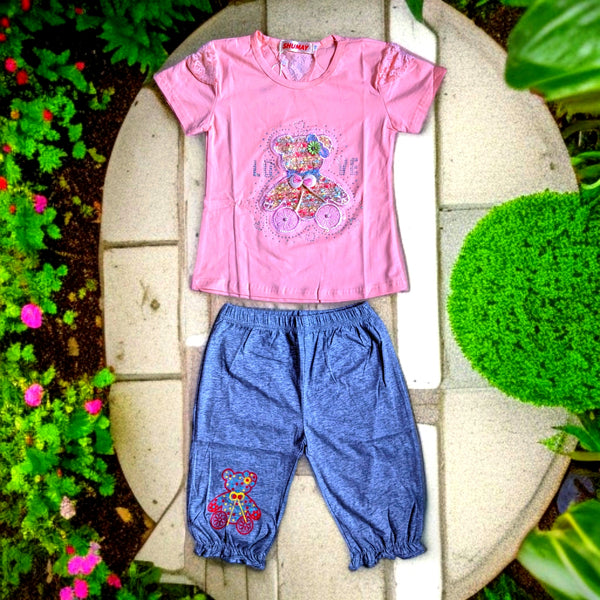 Adorable Pink and Grey Outfit for Girls - Teddy Bear Design