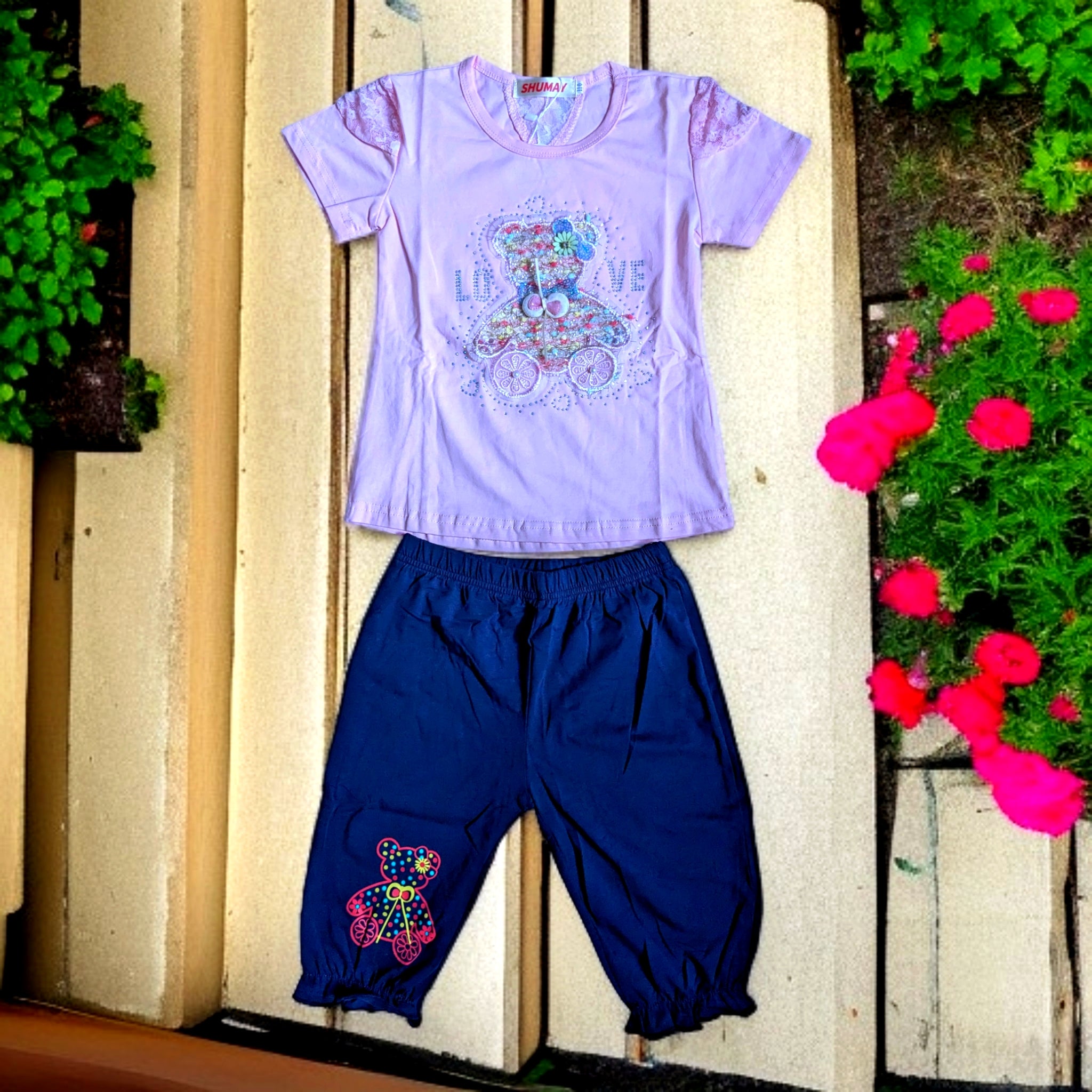 Adorable Pink and Grey Outfit for Girls - Teddy Bear Design