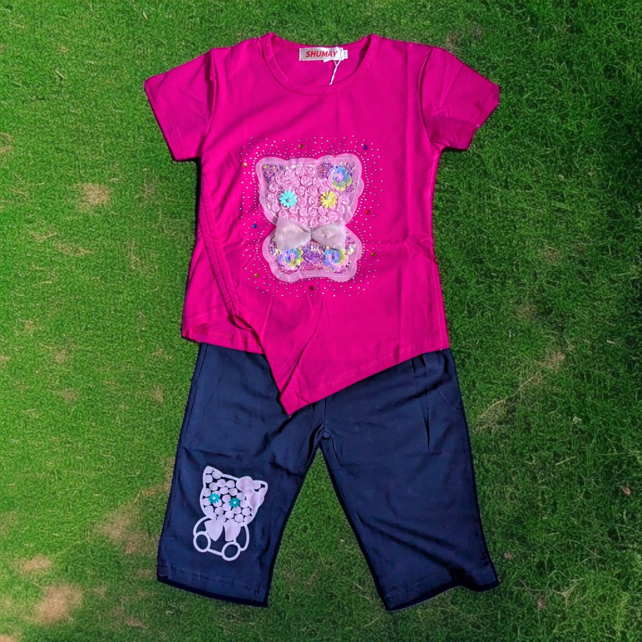 Party Girl's Outfit - Pink T-Shirt and Blue Shorts