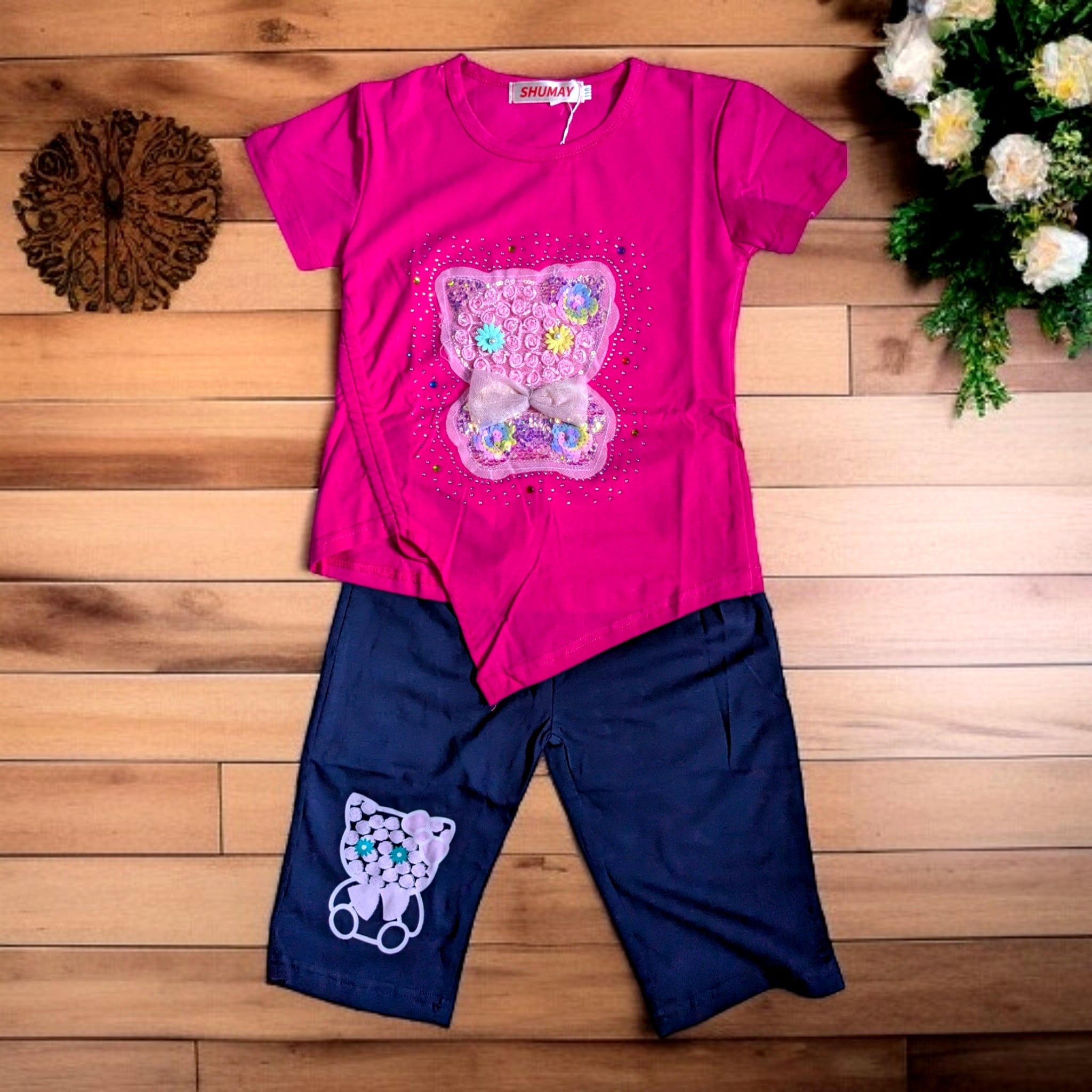 Party Girl's Outfit - Pink T-Shirt and Blue Shorts