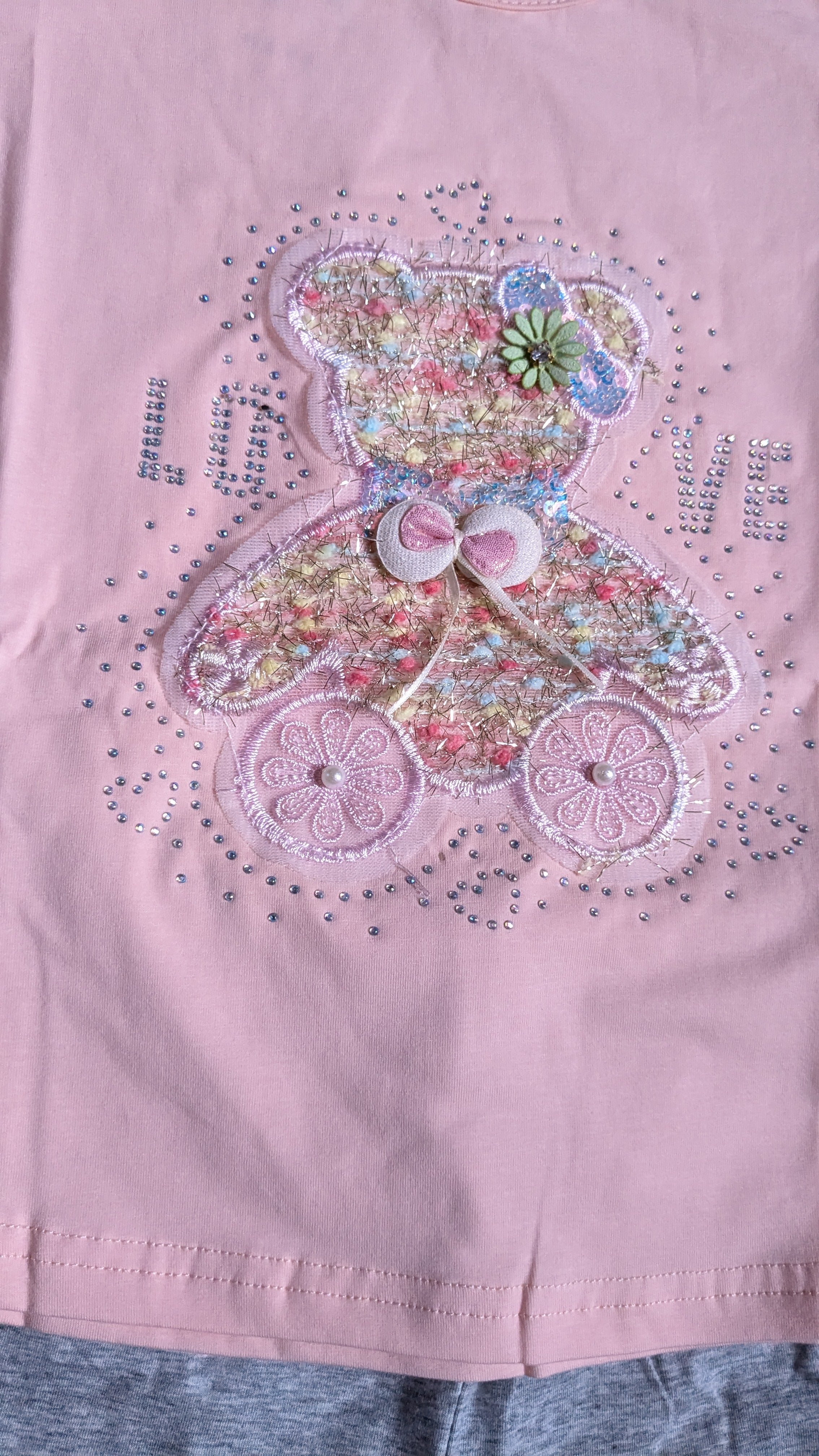 Adorable Pink and Grey Outfit for Girls - Teddy Bear Design