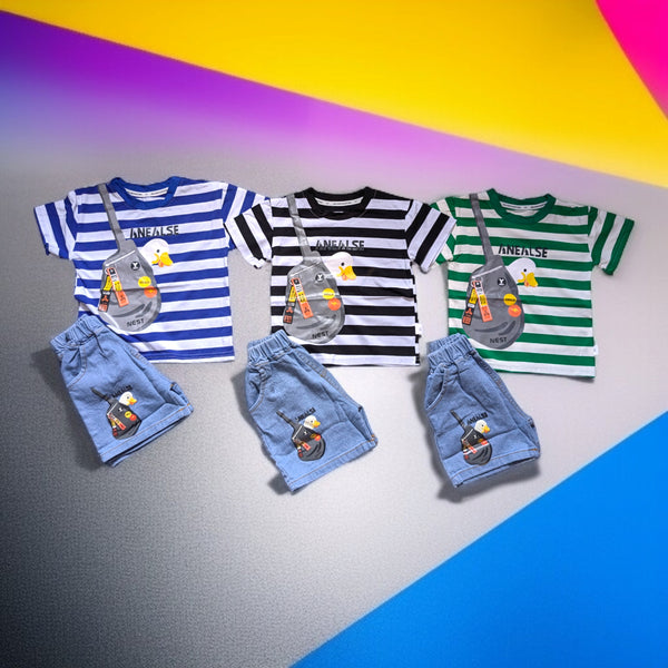 Trendy Boys’ Summer Cotton Outfit – Duck &amp; Backpack Design (2-Piece Set)