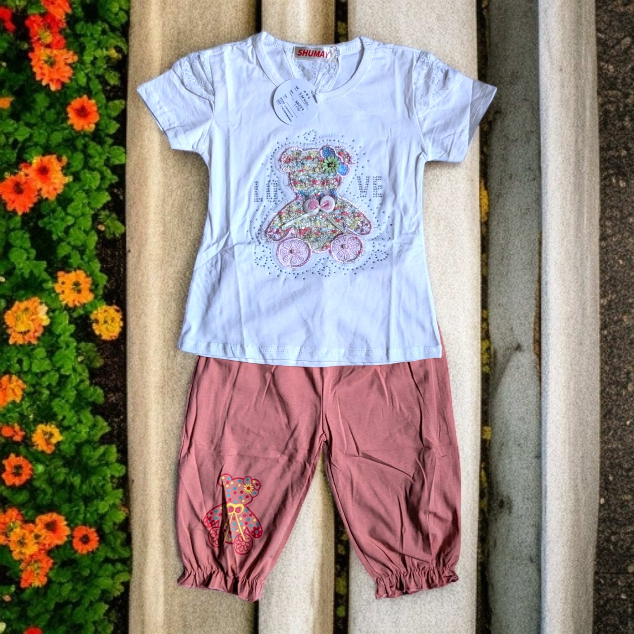 Adorable Pink and Grey Outfit for Girls - Teddy Bear Design