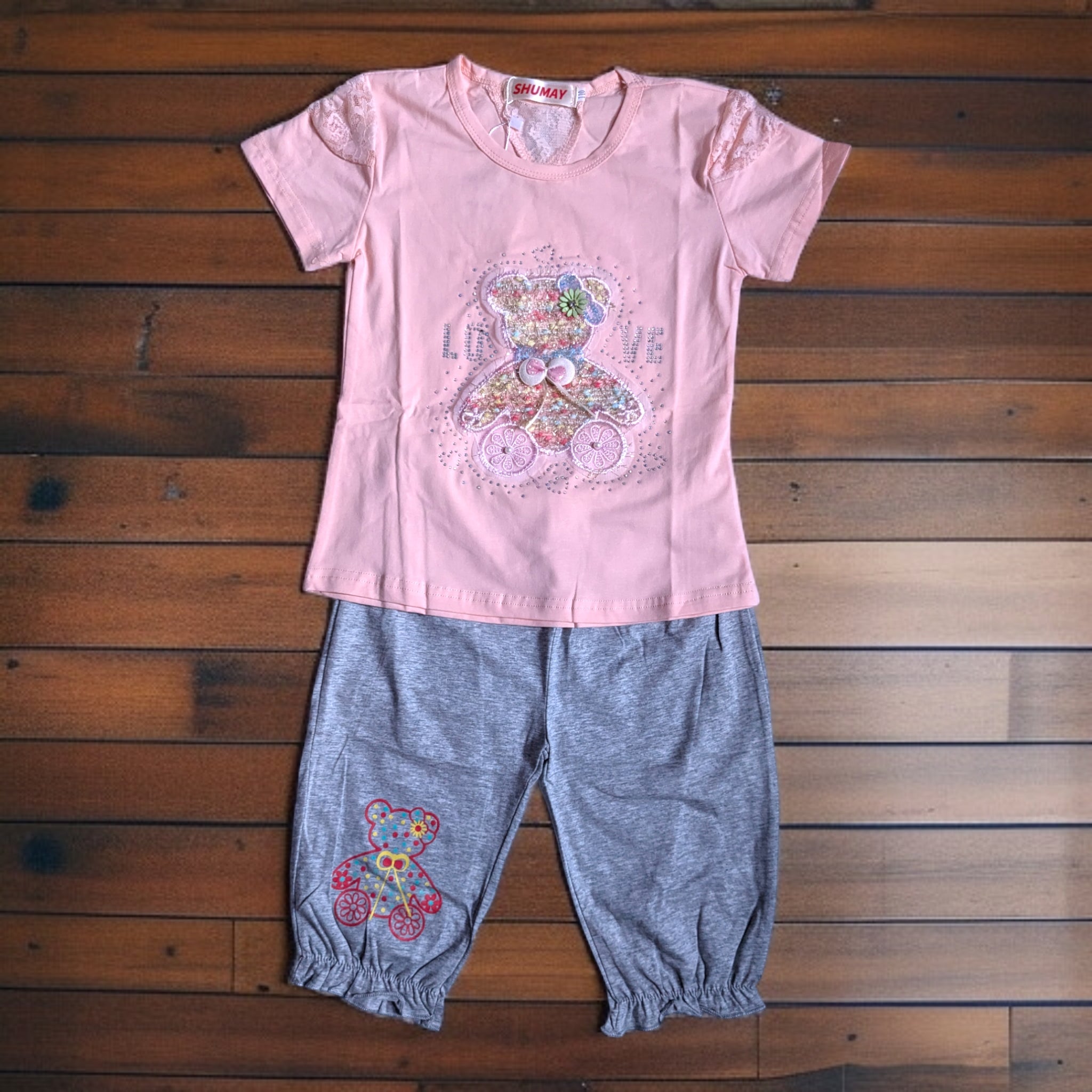 Adorable Pink and Grey Outfit for Girls - Teddy Bear Design