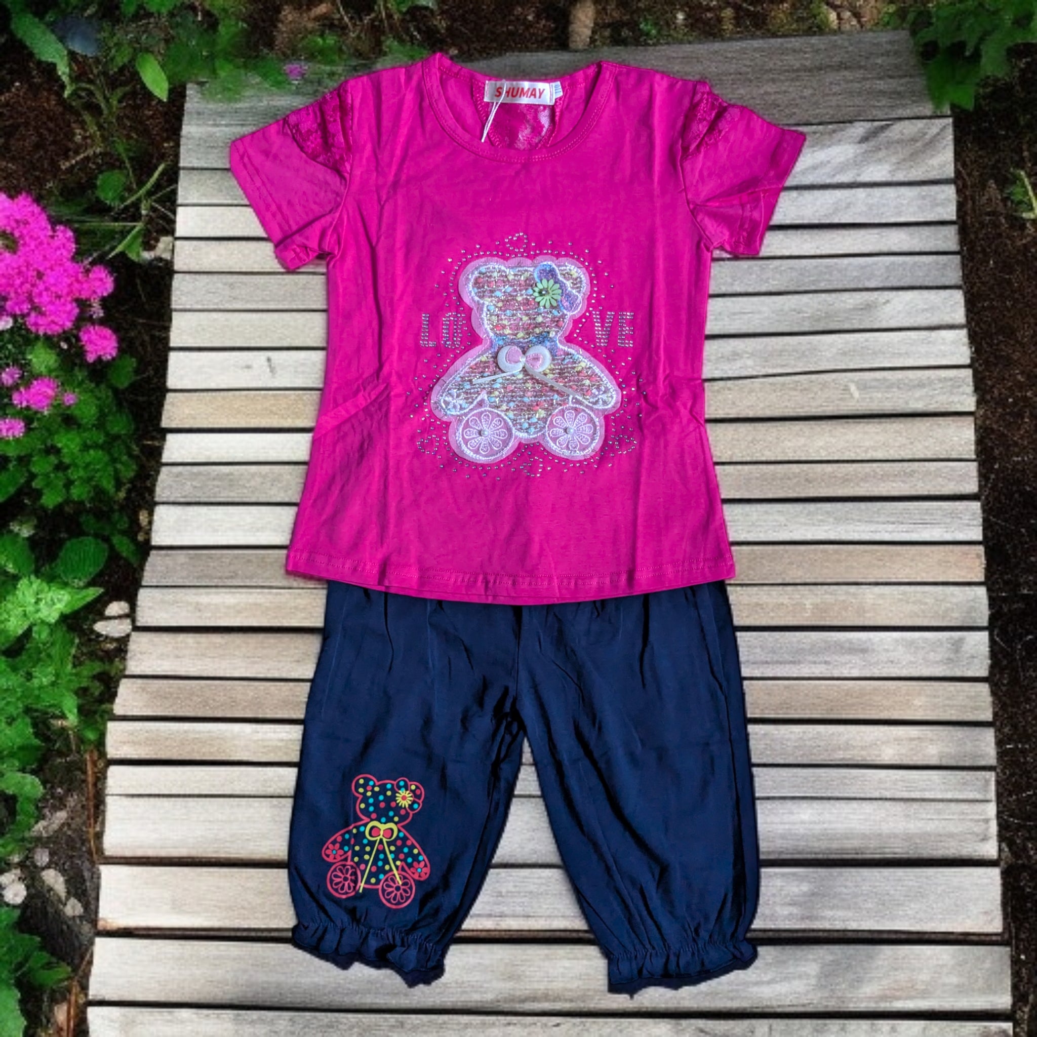 Adorable Pink and Grey Outfit for Girls - Teddy Bear Design