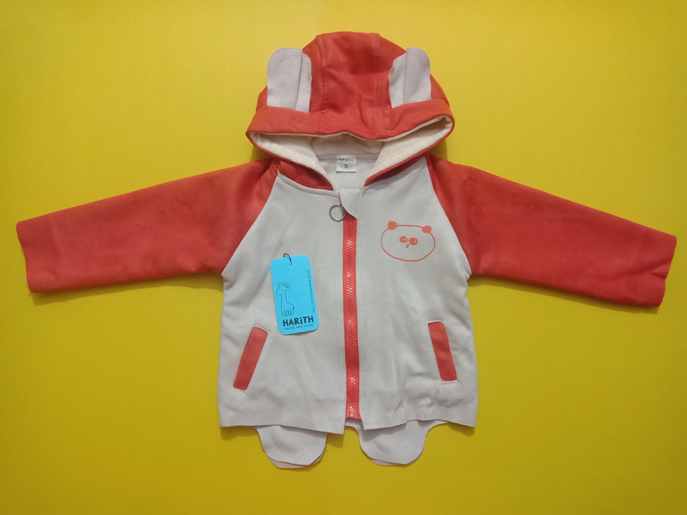 Orange offwhite Panda Theme Hooded Kids Leather Jacket