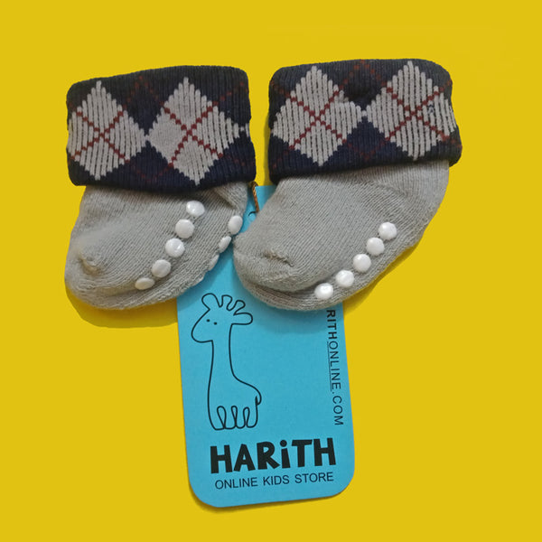 Navy Grey check newborn baby cotton socks with grips