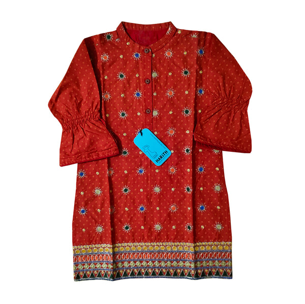 Circle Embroidered Winter Cotton Girl Kurta Top Red Orange