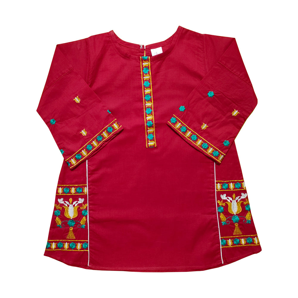 Floral Deep Red Baby Girl Embroidered A line Kurti Top