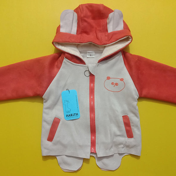 Orange offwhite Panda Theme Hooded Kids Leather Jacket